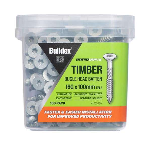 Buildex RapidDrive Zinc Alloy Bugle Head Batten Screws 16-8G x 100mm - 100pk