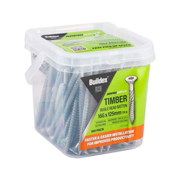 Buildex RapidDrive Zinc Alloy Bugle Head Batten Screws 16-8G x 125mm - 100pk