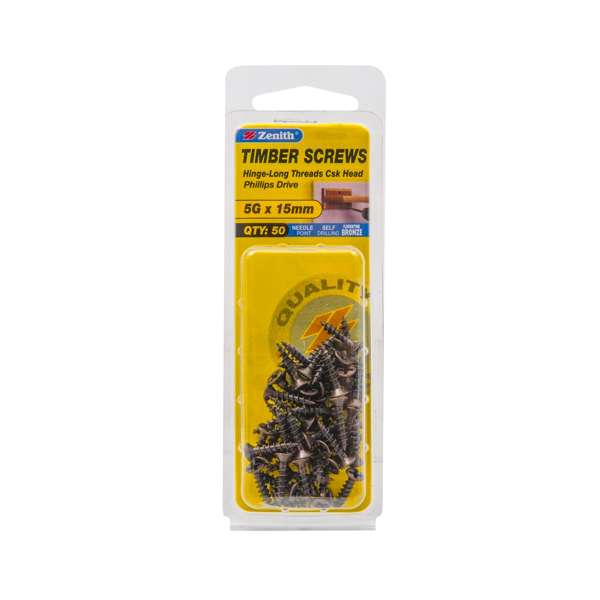 Zenith 5G x 15mm Florentine Bronze Hinge-Long Threads Countersunk Head Timber Screws - 20 Pack