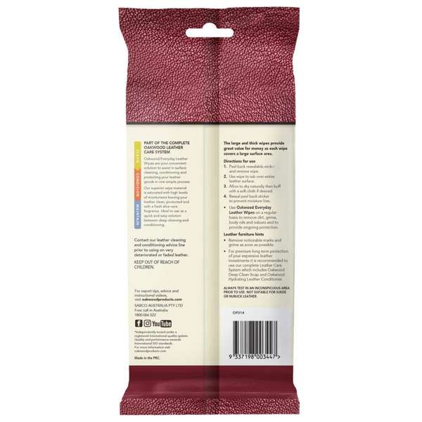 Oakwood Leather Wipes 170 x 300mm - 40 Pack