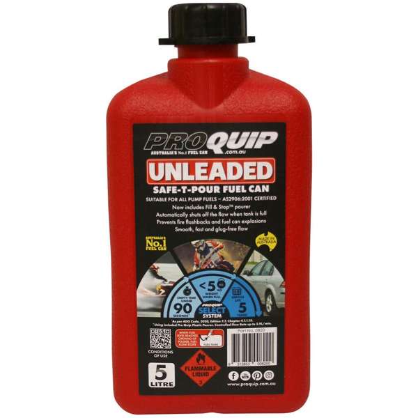 Pro Quip Fuel Can Plastic Unleaded Red Safe-T-Pour 5L