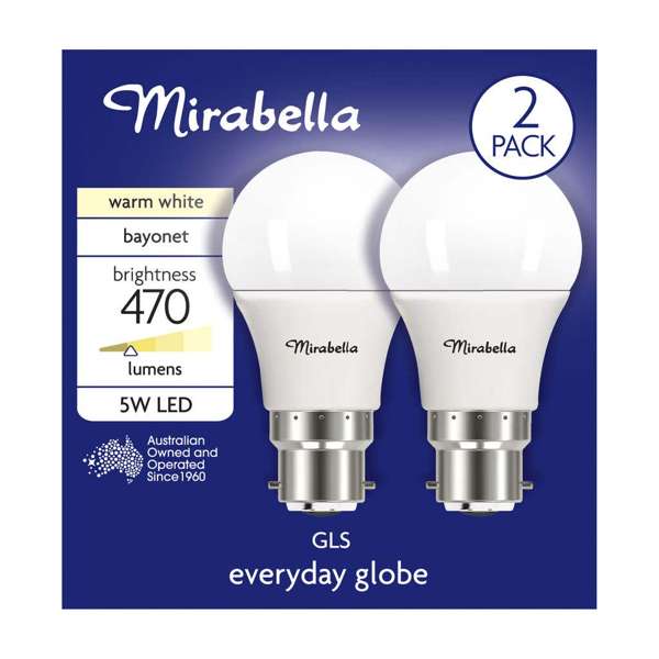 Mirabella LED GLS 5W 470Lumens 2700K BC Warm White - 2 Pack