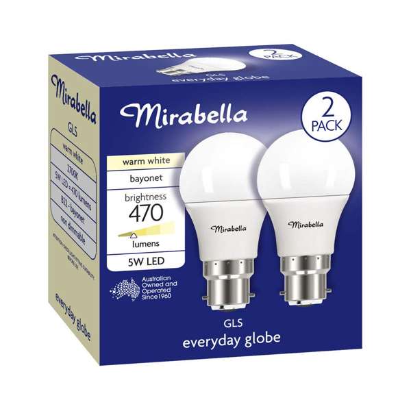 Mirabella LED GLS 5W 470Lumens 2700K BC Warm White - 2 Pack