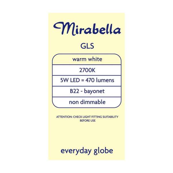 Mirabella LED GLS 5W 470Lumens 2700K BC Warm White - 2 Pack