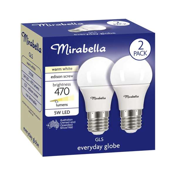 Mirabella LED GLS 5W 470Lumens 2700K ES Warm White - 2 Pack