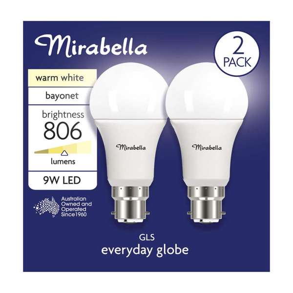 Mirabella LED GLS 9W 806Lumens 2700K BC Warm White - 2 Pack