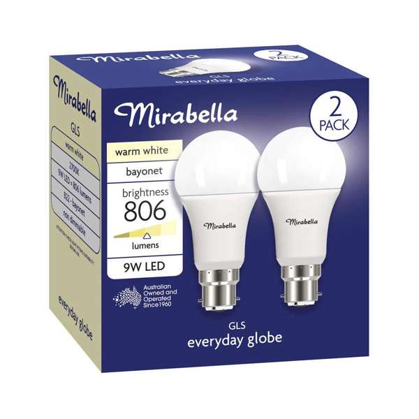 Mirabella LED GLS 9W 806Lumens 2700K BC Warm White - 2 Pack