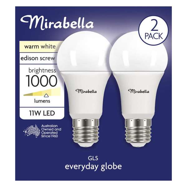 Mirabella LED GLS 11W 1000Lumens 2700K ES Warm White - 2 Pack