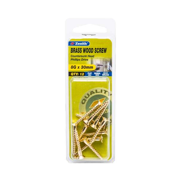 Zenith 8G x 30mm Brass Countersunk Head Wood Screws - 12 Pack