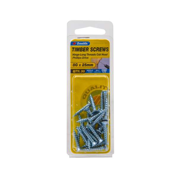 Zenith 8G x 25mm Zinc Plated Hinge-Long Threads Countersunk Head Timber Screws - 30 Pack