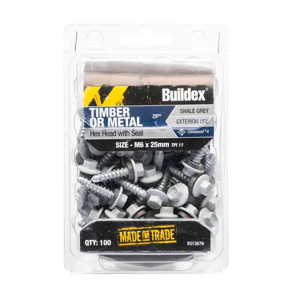 Buildex Roof Zip C4 HexHead Screws M6 x 25 Shale Grey Bx100