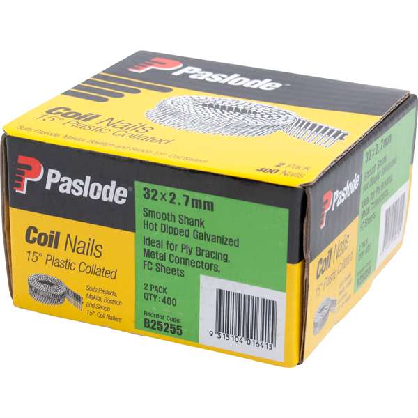 Paslode 32 x.2.7mm 15 Degree Hot Dip Galvanised Plastic Collated Coil Nail - 400 Pack