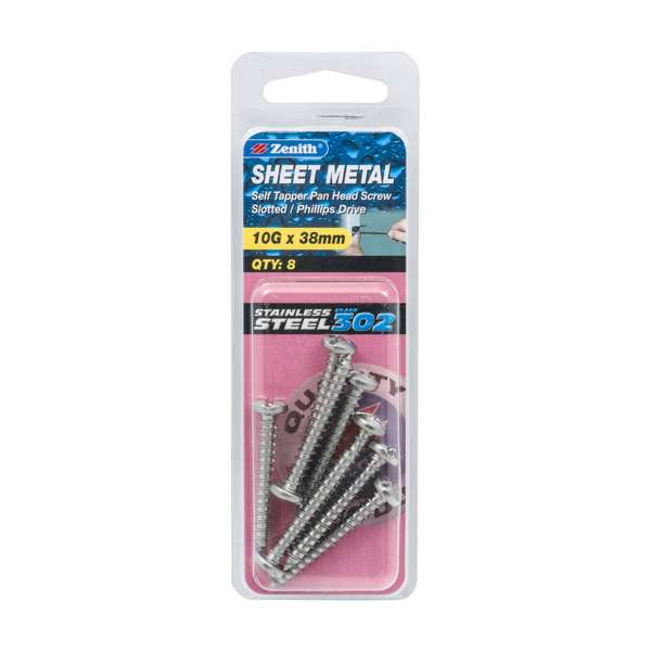 Zenith 10G x 38mm Stainless Steel Self Tapper Pan Head Sheet Metal Screws - 8 Pack