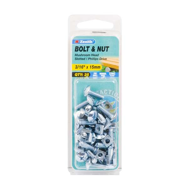 Zenith 3/16" x 15mm Zinc Plated Mushroom Head Bolt And Nut - 25 Pack