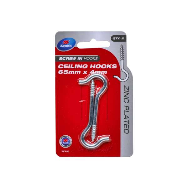 Zenith 65 x 4mm Zinc Plated Ceiling Hook - 2 Pack