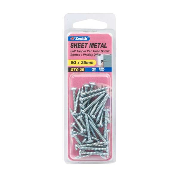 Zenith 6G x 25mm Zinc Plated Self Tapper Pan Head Sheet Metal Screws - 35 Pack