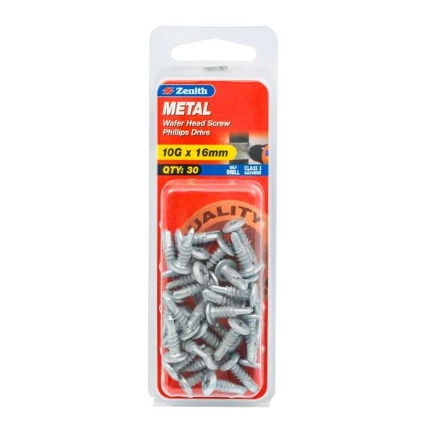 Zenith 10G x 16mm Galvanised Wafer Head Metal Screws - 30 Pack