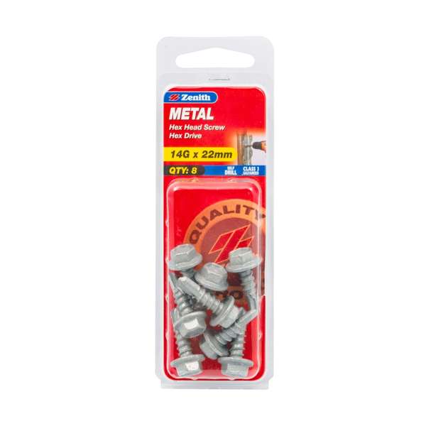 Zenith 14G x 22mm Galvanised Hex Head Metal Screws - 8 Pack