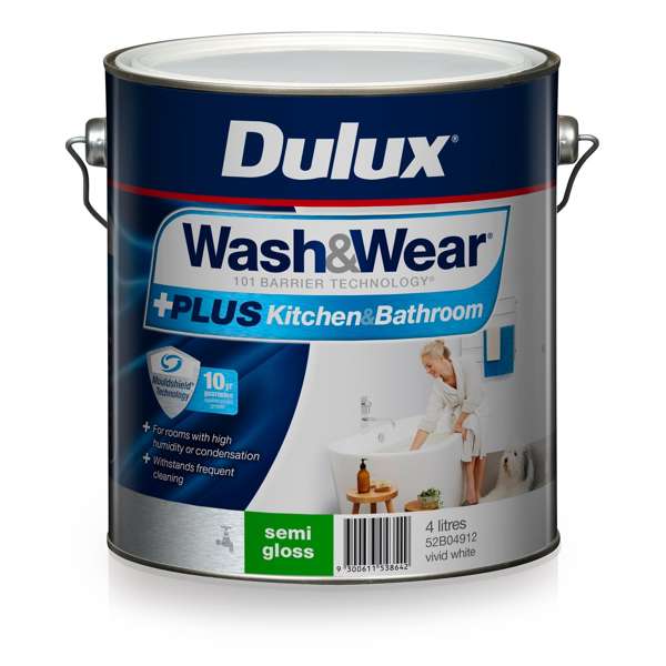 Dulux 4L Interior Paint Wash&Wear +PLUS Kitchen & Bathroom Semi Gloss Vivid White