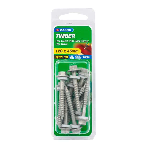 Zenith 12G x 45mm Galvanised Hex Head With Seal Timber Screws - 10 Pack