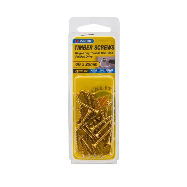 Zenith 6G x 25mm Brass Plated Hinge-Long Threads Countersunk Head Timber Screws - 30 Pack