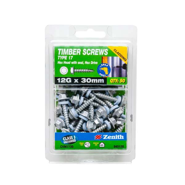 Zenith 12G x 30mm Galvanised Type 17 Hex Head Timber Screws - 50 Pack