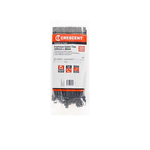 Crescent Cable Ties Black Heavy Duty 300 x 7.6mm - 100 Pack