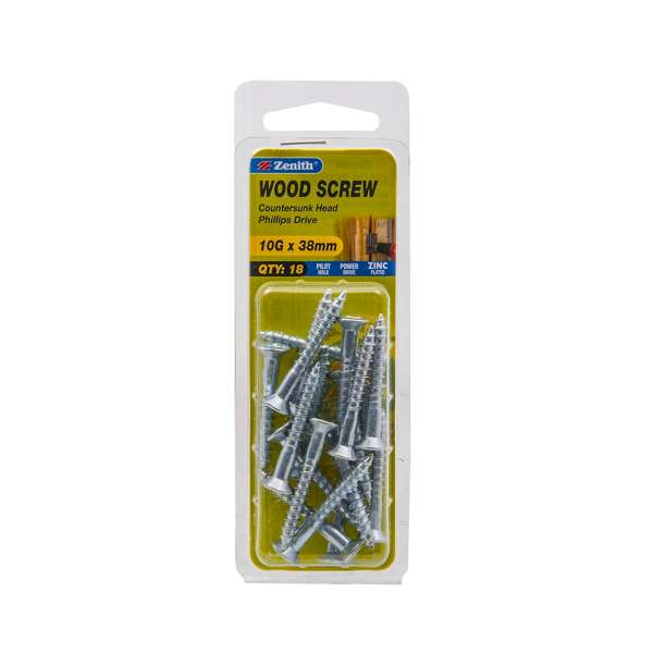 Zenith 10G x 38mm Zinc Plated Countersunk Head Wood Screws - 18 Pack