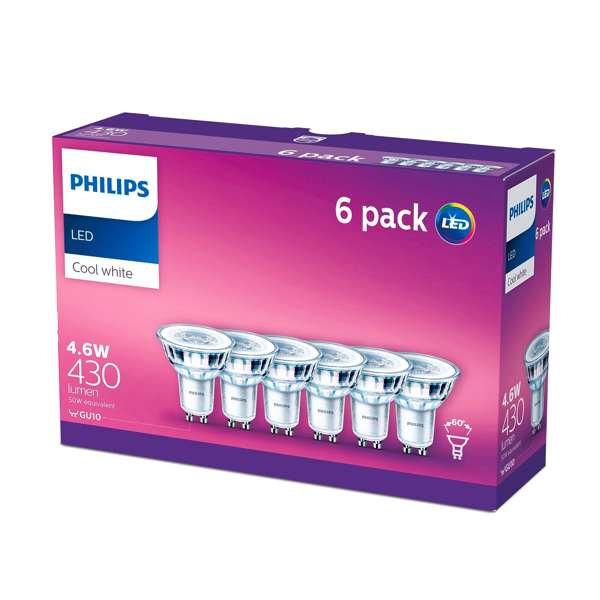 Philips GU10 LED 430Lm Cool White 4.6W Spot - 6 Pack