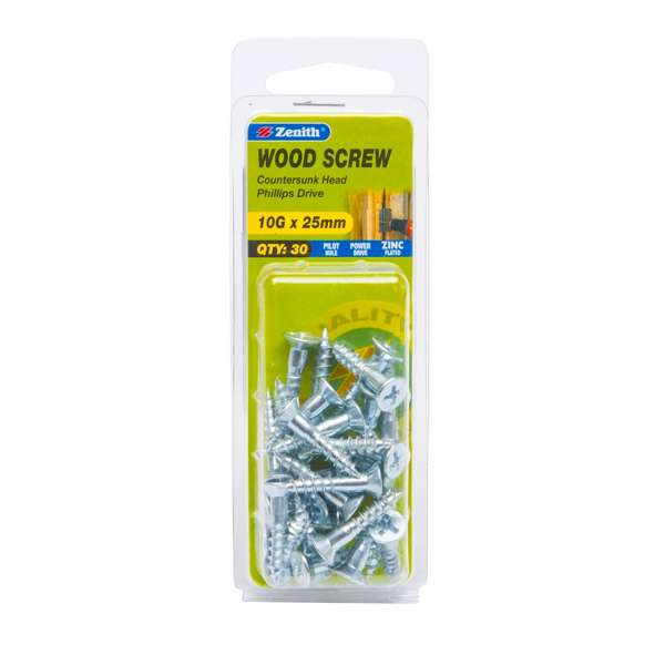 Zenith 10G x 25mm Zinc Plated Countersunk Head Wood Screws - 30 Pack