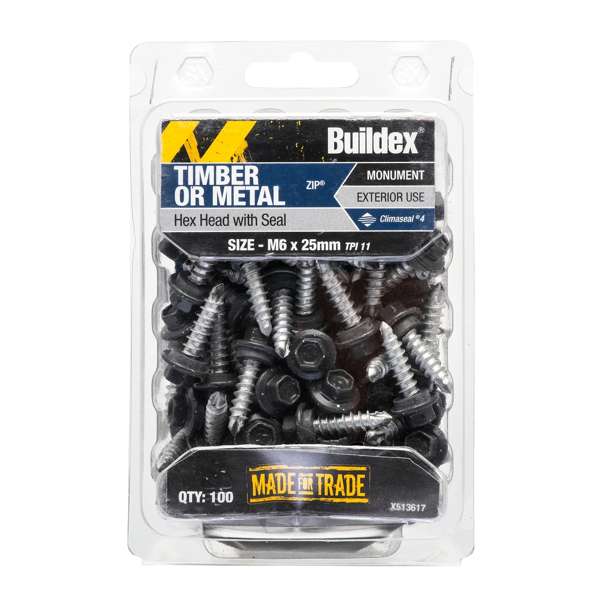 Buildex Roof Zip C4 HexHead Screws M6 x 25 Monument Bx100