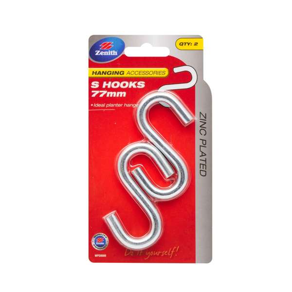 Zenith 77mm Zinc Plated S Hook - 2 Pack