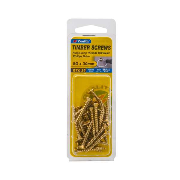 Zenith 8G x 30mm Brass Plated Hinge-Long Threads Countersunk Head Timber Screws - 25 Pack