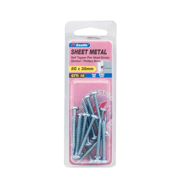 Zenith 8G x 38mm Zinc Plated Self Tapper Pan Head Screws - 18 Pack