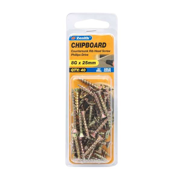 Zenith 8G x 25mm Countersunk Gold Rib Head Chipboard Screws - 40 Pack