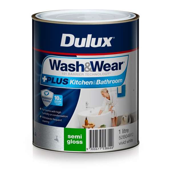 Dulux Wash & Wear +Plus Kitchen & Bathroom Semi Gloss Vivid White 1L