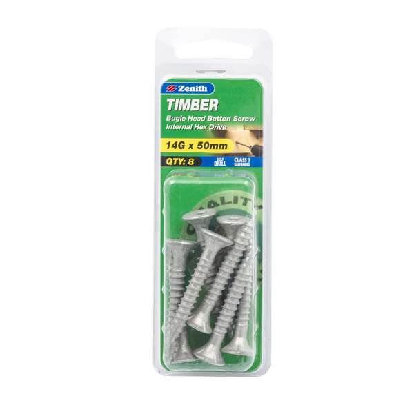 Zenith 14G x 50mm Galvanised Bugle Head Batten Timber Screws - 8 Pack