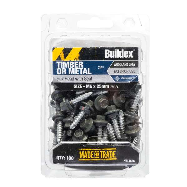 Buildex Roof Zip C4 HexHead Screws M6 x 25 Woodland Grey Bx100