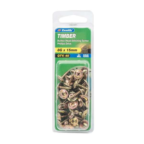 Zenith 8G x 15mm Gold Passivated Button Head Timber Stitching Screws - 40 Pack