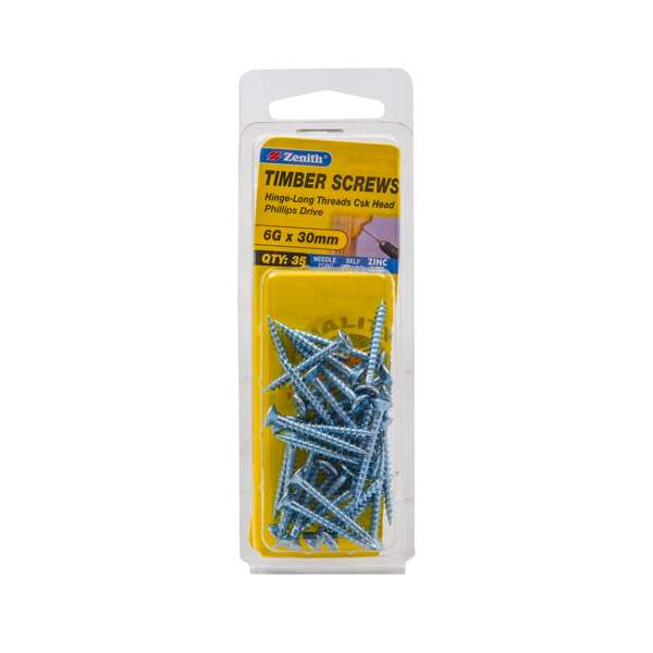 Zenith 6G x 30mm Zinc Plated Hinge-Long Threads Countersunk Head Timber Screws - 35 Pack