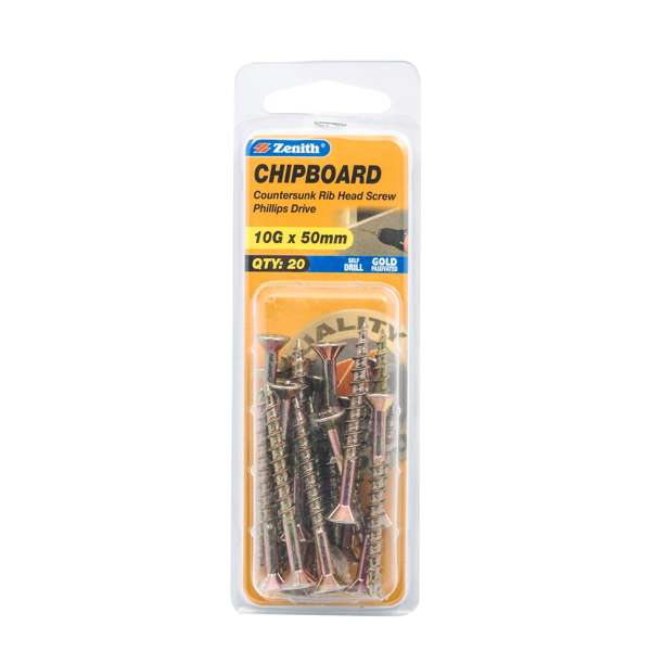 Zenith 10G x 50mm Countersunk Rib Head Chipboard Screws - 20 Pack