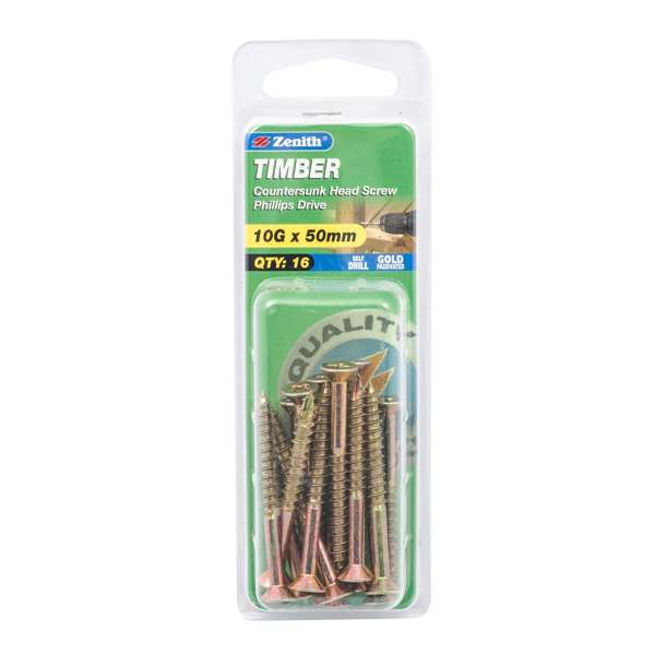 Zenith 10G x 50mm Gold Passivated Countersunk Head Timber Screws - 16 Pack