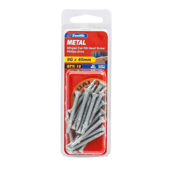 Zenith 8G x 40mm Galvanised Countersunk Ribbed Head Winged Screws - 18 Pack