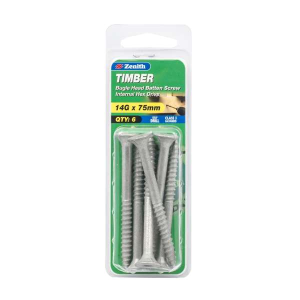 Zenith 14G x 75mm Galvanised Bugle Head Batten Timber Screws - 6 Pack