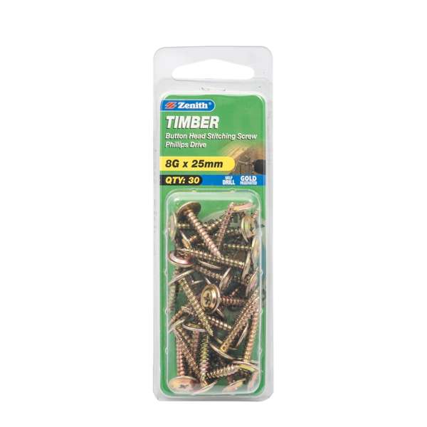 Zenith 8G x 25mm Button Head Timber Stitching Screws - 30 Pack