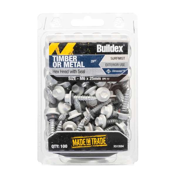 Buildex M6 x 25mm Surfmist Roof Zip C4 HexHead Screws - Box 100