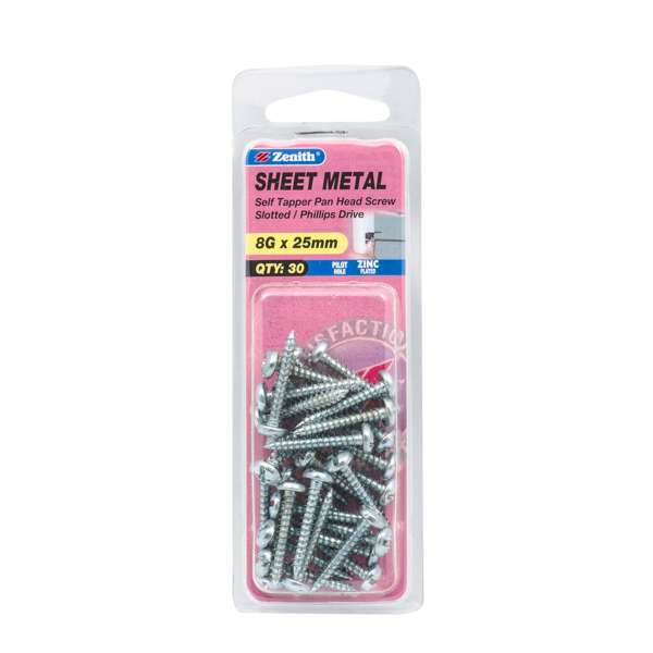 Zenith 8G x 25mm Zinc Plated Self Tapper Pan Head Sheet Metal Screws - 30 Pack