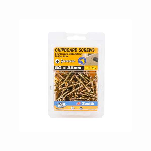 Zenith Chipboard Screw Philips Drive Gold Passivated 8G x 35mm - 100 Pack