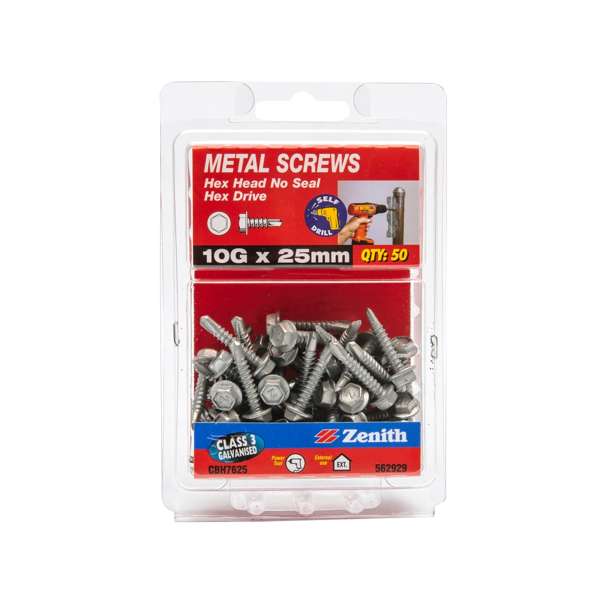 Zenith Metal Screws Hex Washer Head Galvanised 10G x 25mm - 50 Pack