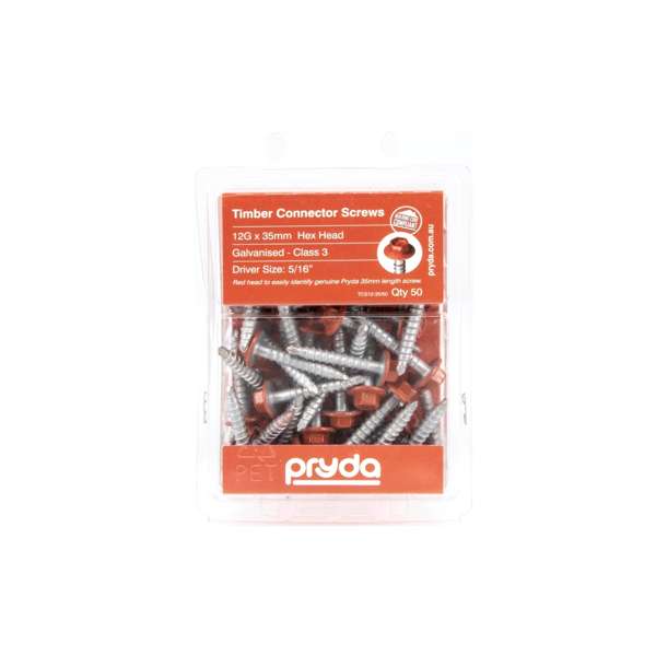 Pryda Timber Connector Screw 12G x 35mm Hex Head Pack 50